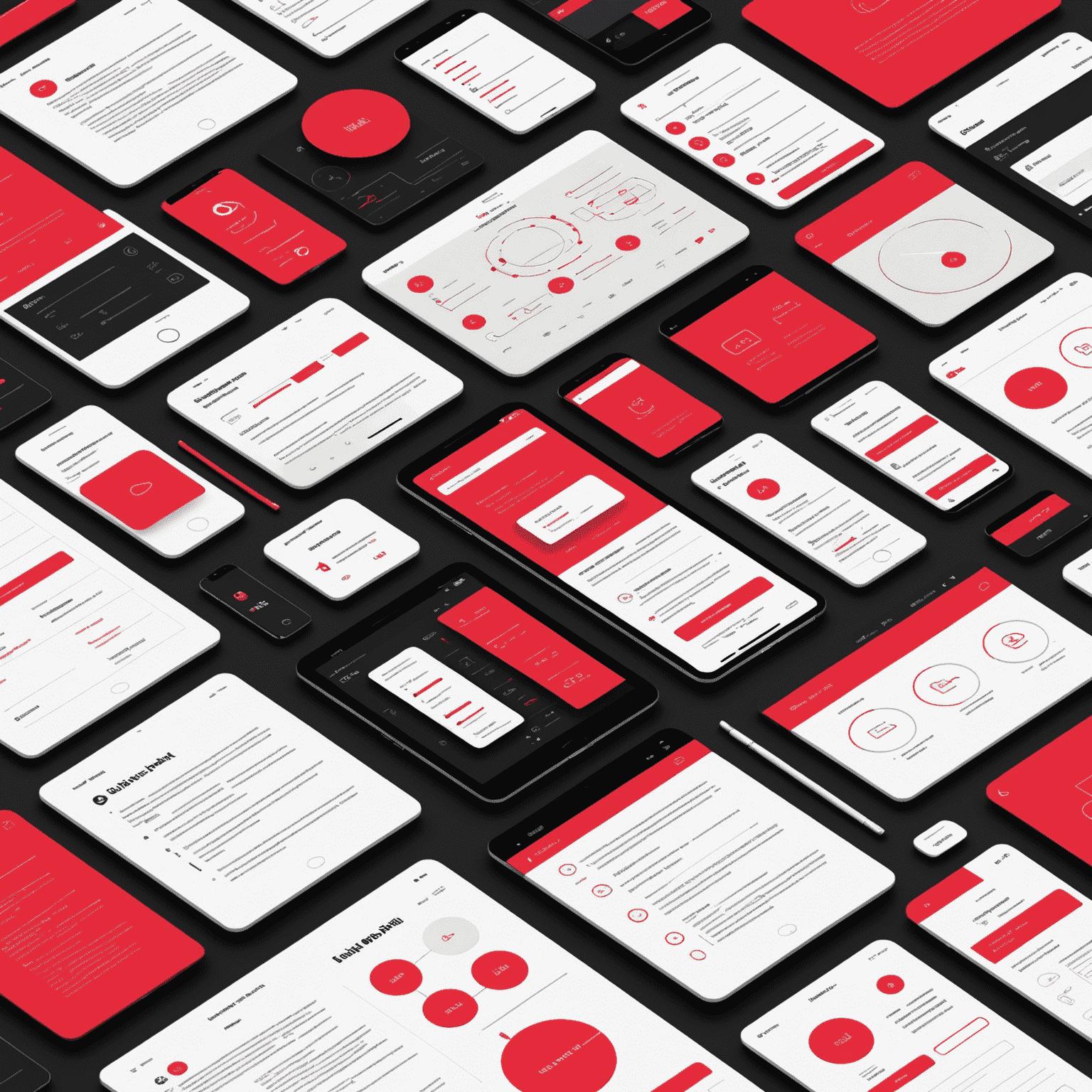 An illustration showcasing various UI/UX design elements such as wireframes, user flow diagrams, and interactive prototypes. The image uses a combination of red, pink, black, and white colors to represent the design process.