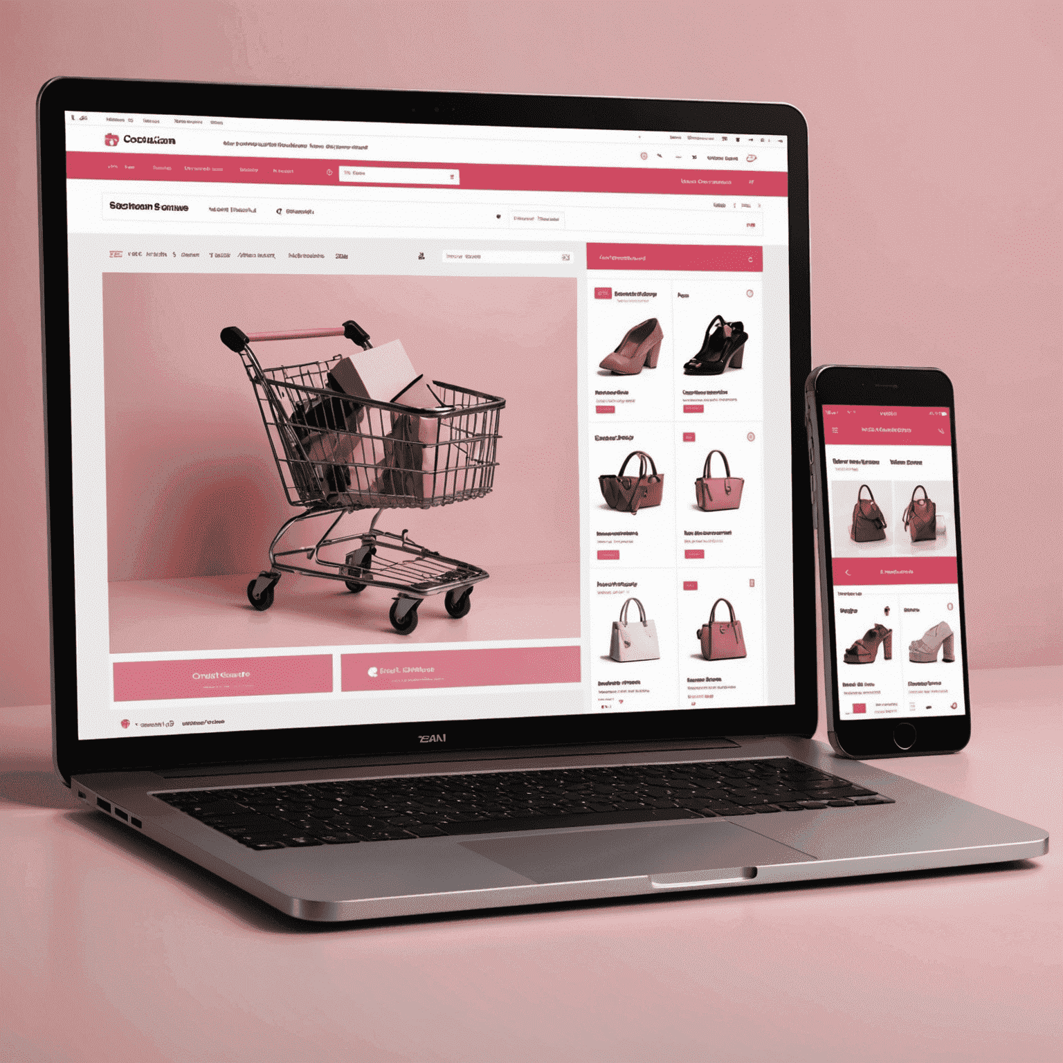 A modern e-commerce platform interface showcasing product listings, shopping cart, and checkout process. The design is sleek with a pink and white color scheme, demonstrating GMGN Web Development Studio's expertise in creating visually appealing and user-friendly online stores.