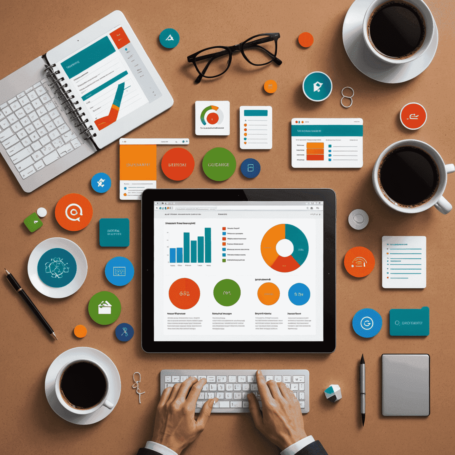 Illustration of a custom web application interface with various modules representing efficiency, productivity, and customer engagement